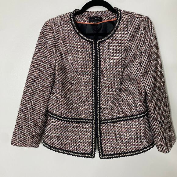 Talbots Grosgrain Trim Black Multicolored Peach Tweed Academia Cropped Jacket 4 - Picture 2 of 8